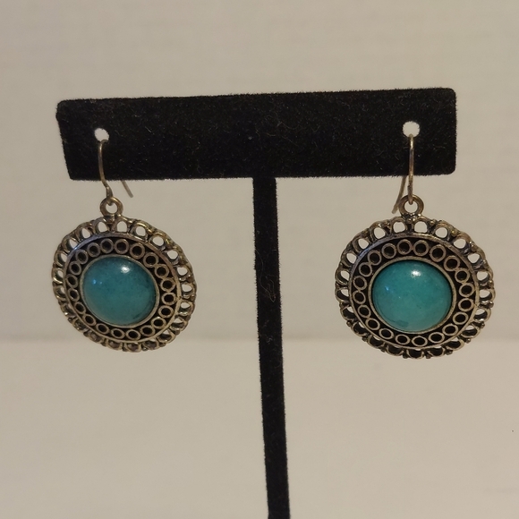 Ornate Silver Tone Costume Earrings w Faux Turquoise Approx 1" Diameter Boho - Picture 8 of 9